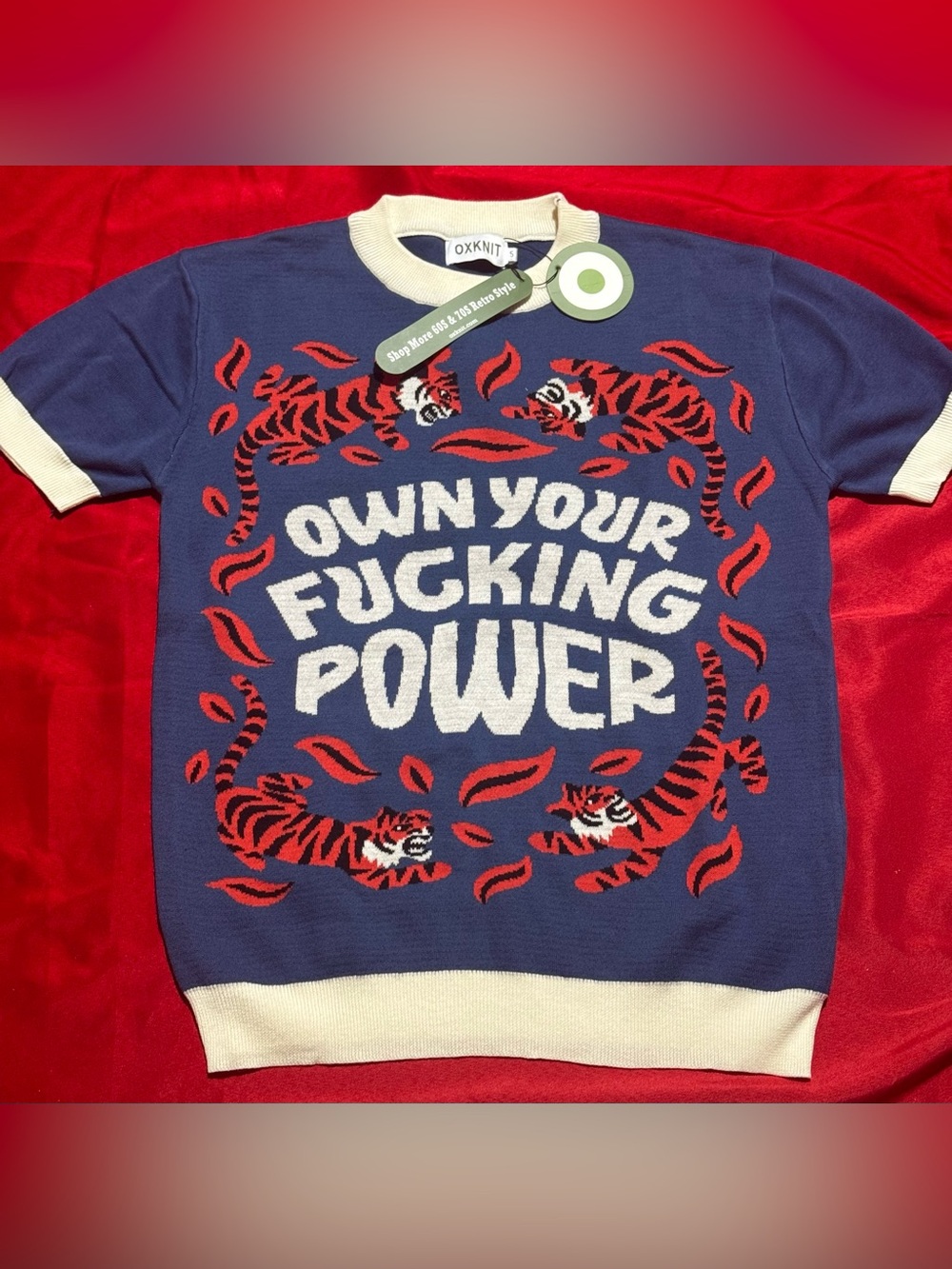 OXKNIT Navy Crewneck Sweater with Red Tiger Motif and Statement Text